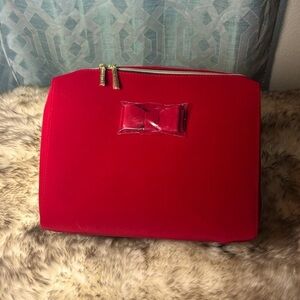 Velvety Red Estée Lauder Cosmetic Case Large, Handle, Bow, Gold Accented Zipper
